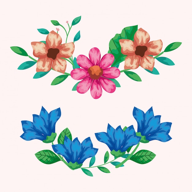 Impostare decorazioni di fiori con foglie