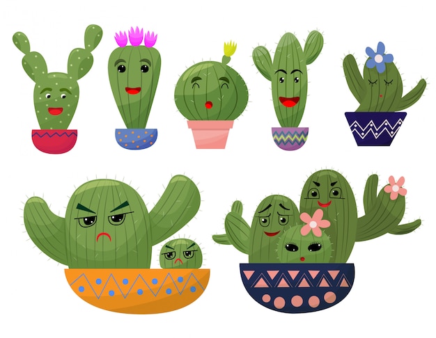 Impostare divertente cactus in stile cartone animato. Cactus nel piatto. Emozioni diverse