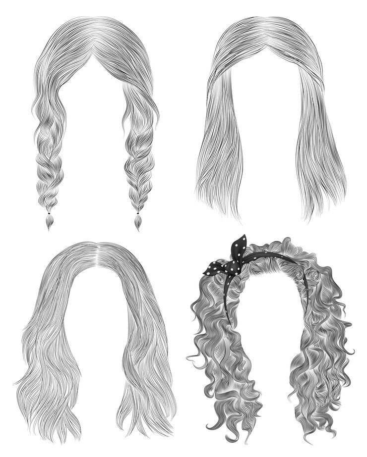 Impostare i capelli lunghi donna. schizzo di disegno a matita nera. stile di bellezza moda donna. frange riccioli a cascata trecce di prua.