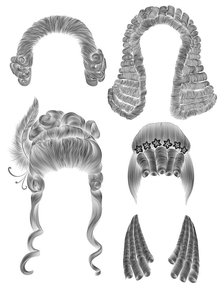 Impostare i peli di donna e uomo. schizzo di disegno a matita nera stile barocco rococò medievale. parrucca riccioli acconciatura