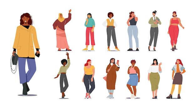Impostare i personaggi femminili multinazionali Le donne caucasiche arabe africane o asiatiche indossano abiti alla moda Ragazze multietniche