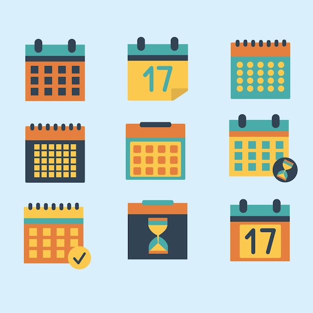 Impostare il design piatto del calendario delle icone vettoriali