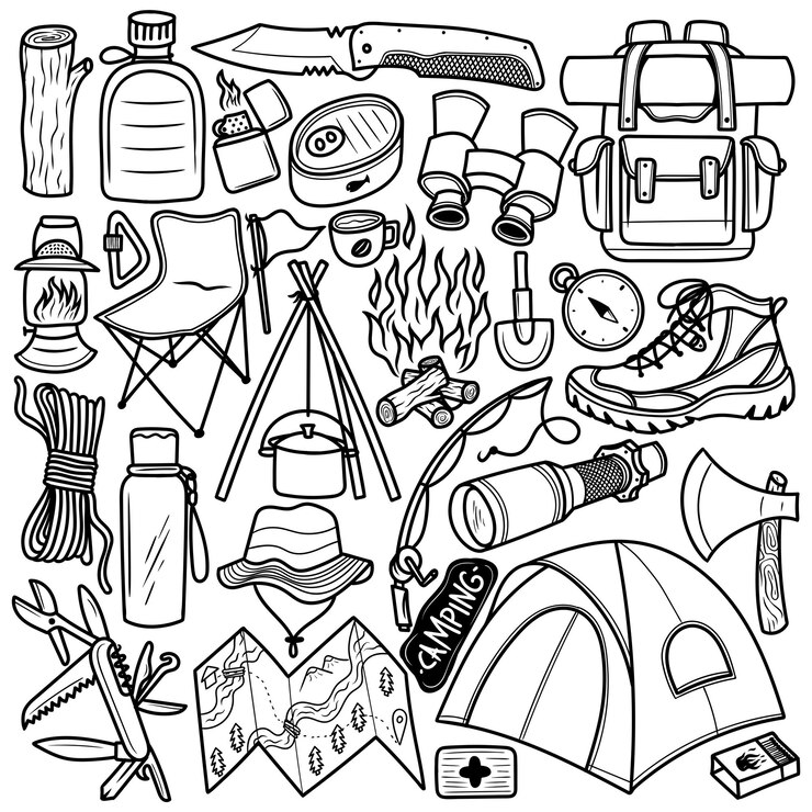 Vettore impostare il doodle disegnato a mano da campeggio