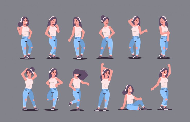 Vettore impostare il gruppo di giovani donne in abiti casual in piedi in diverse pose sorridenti ragazze della collezione di personaggi dei cartoni animati femminili in posa su sfondo grigio piatto orizzontale a figura intera