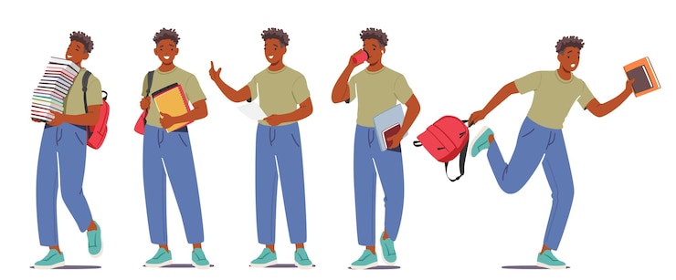 Vettore impostare il ragazzo studente con zaino e libri in diverse pose e motion walk stand run concetto di educazione del personaggio maschile