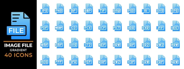 Impostare il tipo di file in stile di riempimento gradiente jpg gif tif bmp file psd estensione icona illustrazione vettoriale