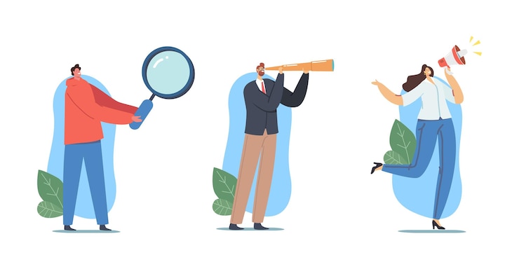 Vettore impostare l'assunzione, il reclutamento, il concetto di caccia alla testa. personaggi hr agent con vetro e altoparlante cerca assunzione di dipendenti sul lavoro. risorse umane, presentazione dell'occupazione. cartoon persone illustrazione vettoriale