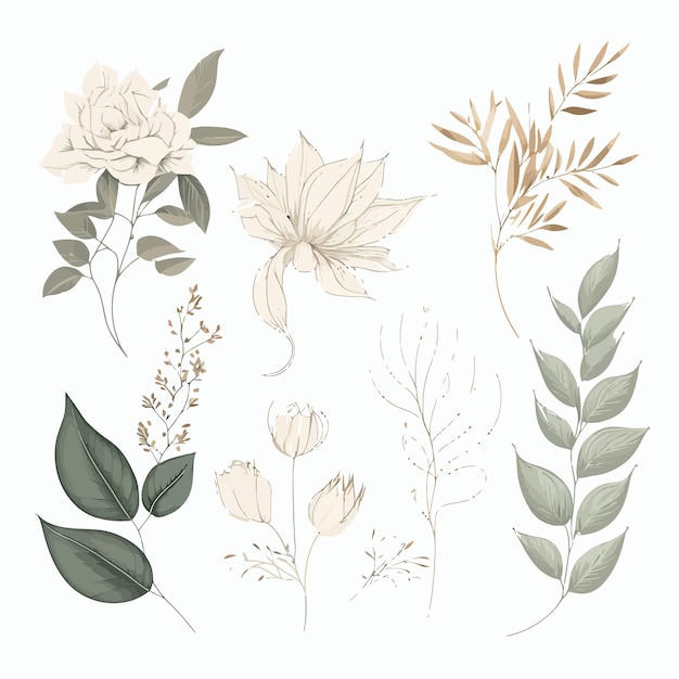 Impostare l'elemento vettoriale disegnato a mano botanico Illustrazione disegnata a mano isolata su sfondo bianco