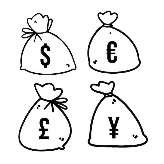 Impostare l'illustrazione vettoriale della borsa dei soldi disegnata a mano con stile arte Doodle valuta