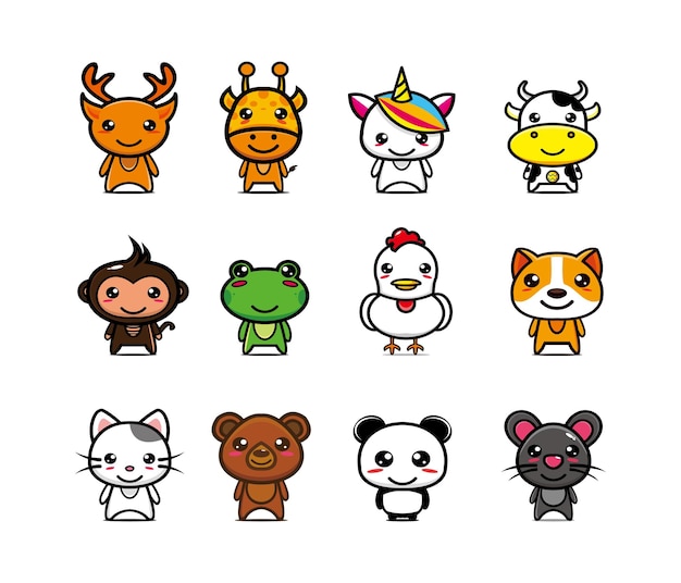 Impostare la raccolta di simpatici personaggi di design mascotte animali isolati su sfondo bianco