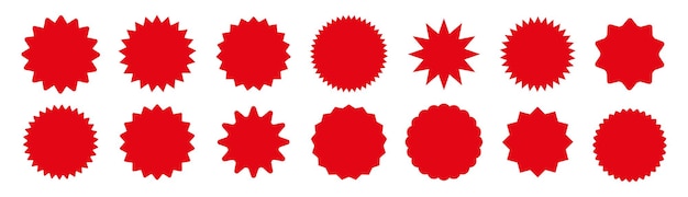 Impostare la stella rossa scoppiata in stile retrò su sfondo bianco Distintivo rotondo a fumetto Starburst