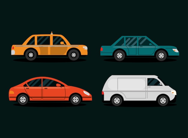 Impostare la vista laterale delle auto, diverse auto in stile cartone animato, illustrazione del trasporto cittadino