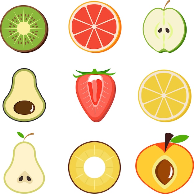 impostare le icone di frutta in un taglio Mela pera fragola arancia avocado kiwi ananas pesca