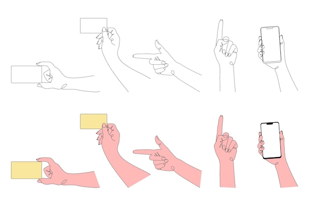 Impostare le mani di line art in possesso di un telefono biglietto da visita che punta con un dito Illustrazione vettoriale