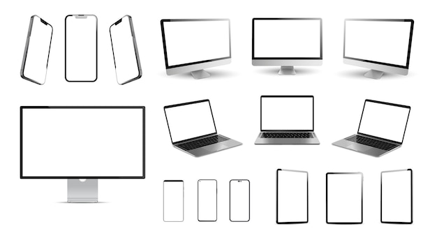 Impostare mockup di dispositivi tecnologici con display vuoto Illustrazione vettoriale isolata su sfondo bianco