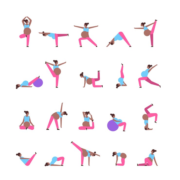 Vettore impostare pose diverse donna incinta facendo esercizi di yoga ragazza africana lavorando gravidanza fitness