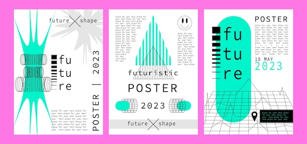 Impostare Poster strano warframe futurismo 3d. Kit forma brutalismo. geometrico, astratto, geometria, simbolo
