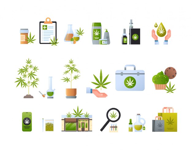 impostare prodotti cannabis icone concetto di consumo di droga marijuana legalizzazione segno raccolta orizzontale piatta