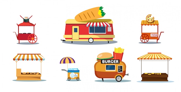impostare rimorchi per alimenti creativi strada fast food all'aperto fiera concetto gelato burrito pizza sushi hamburger negozi raccolta orizzontale