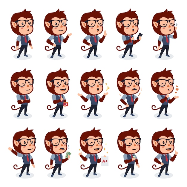 Impostare simpatico personaggio scimmia con diverse pose in stile design piatto
