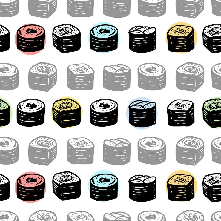 Vettore impostare sushi seamless pattern sfondo