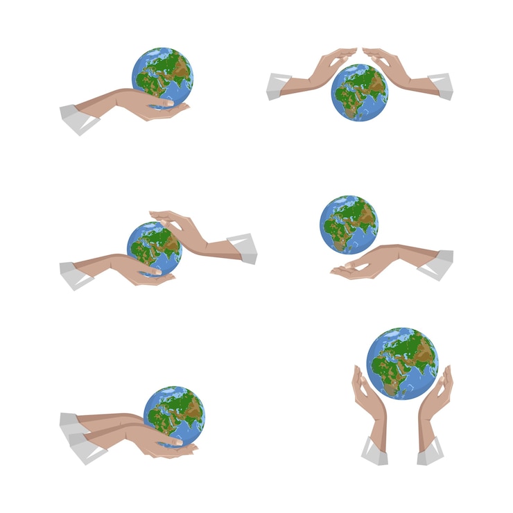 Vettore impostare una raccolta di mani che tengono il globo, salvare il concetto del pianeta illustrazione vettoriale