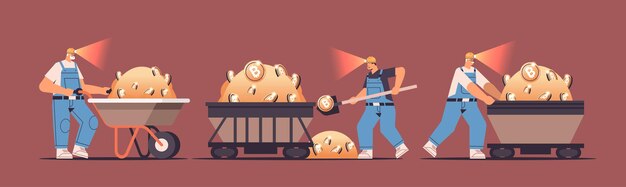 Impostare uomini minatori che scavano ed estraggono bitcoin nella miniera di miniere di caverne crypto monete criptovaluta digitale blockchain concetto piena lunghezza orizzontale illustrazione vettoriale