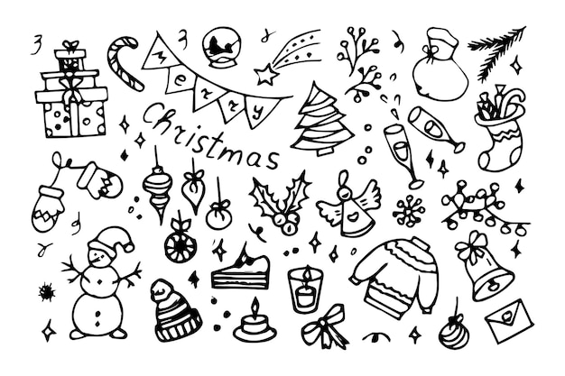 Impostato in stile doodle Anno nuovo in stile schizzo Illustrazione vettoriale