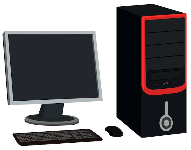 Impostazione del computer con tastiera e mouse del monitorComputer desktop e monitor con mouse e keyboar
