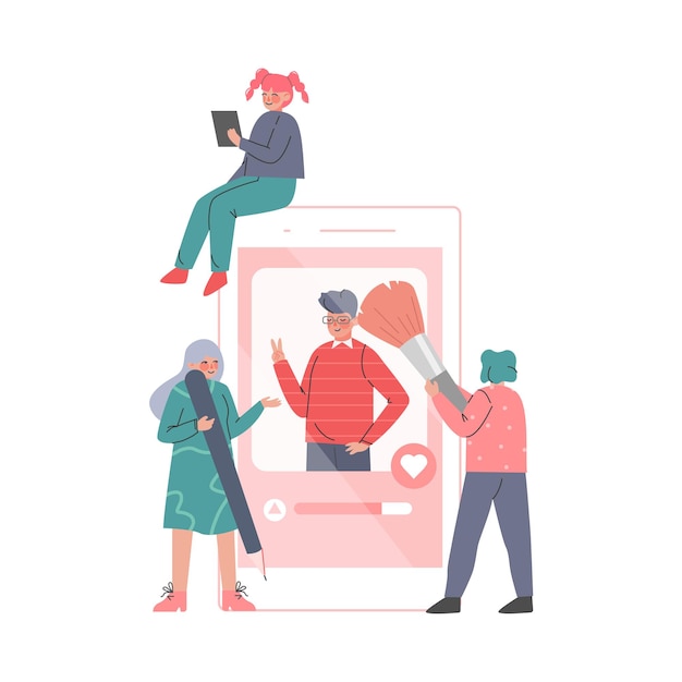 Impostazione dello smartphone con giovane uomo e donna impegnati in aggiustamenti di ritocco fotografico Illustrazione vettoriale