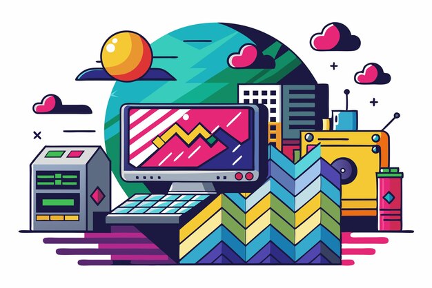 Impostazione retro del computer con modelli geometrici e sole
