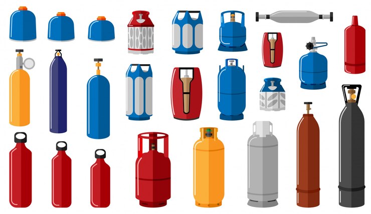 Vettore imposti la bombola per gas differente su fondo bianco. attrezzatura per gas di spedizione sicuro