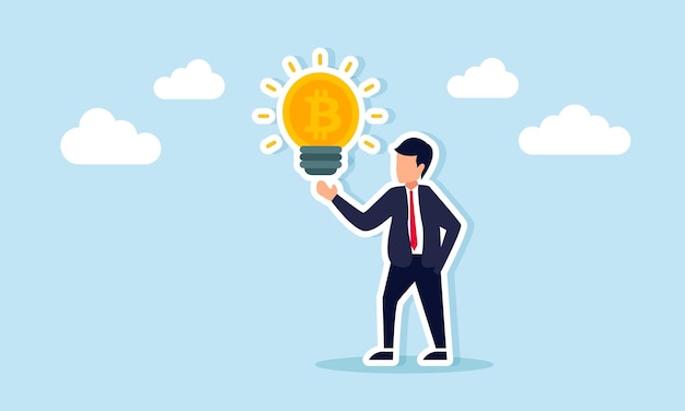 Imprenditore che mostra una lampada bitcoin luminosa illustrazione che mostra le prestazioni massime e ottimali delle prestazioni di bitcoin