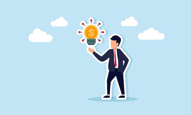Imprenditore che presenta la luce di una moneta da un dollaro con un ornamento indicatore simile a un robot che illustra l'innovazione finanziaria digitale