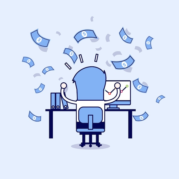 Imprenditore di successo con business online. Vettore di stile della linea sottile del personaggio dei cartoni animati.