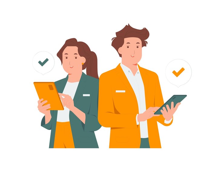 Vettore imprenditore e donna d'affari in piedi orgogliosi spalla a spalla come partner utilizzando il tablet illustrazione del concetto di leader di squadra di successo