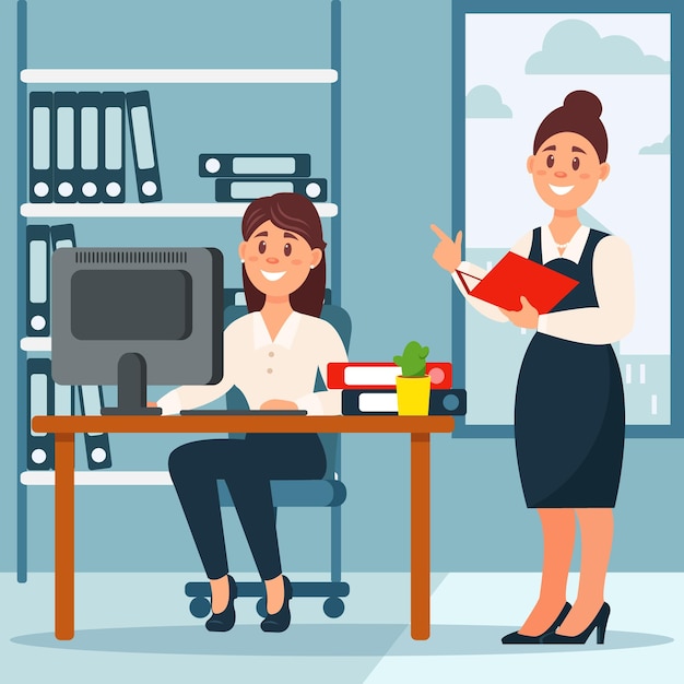 Imprenditrice in piedi al suo subordinato e prendere appunti sul posto di lavoro in ufficio con tavolo e libreria vettoriale illustrazione in stile cartone animato
