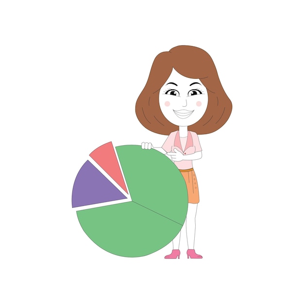 Imprenditrice in piedi con un grafico a torta su uno sfondo bianco.