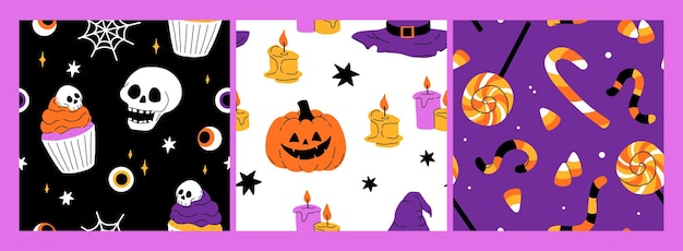 Impressioni senza cucitura viola, giallo e nero con elementi decorativi di Halloween, teschi di zucca fantasma, personaggi vettoriali carini, oggetti di decorazione, dolci, zucca, strega, pipistrello fantasma, disegno di modello.