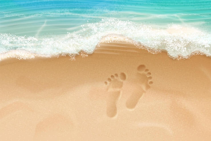 Vettore impronta realistica sulla spiaggia impronta familiare nella sabbia della riva del mare papà figlio mamma tracce dei piedi segna sulla costa stagione estiva viaggi vacanze vacanza concetto illustrazione vettoriale esatta
