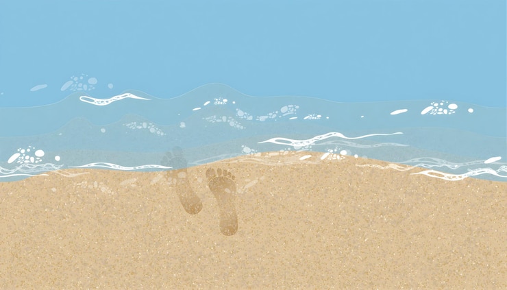 Vettore impronte su una spiaggia sabbiosa con le onde dell'oceano sotto un cielo blu