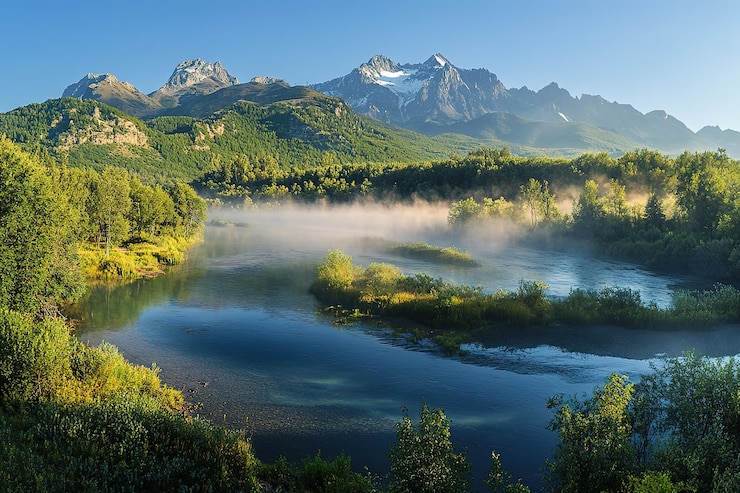 Vettore incantevole campagna russa campi sereni e colline ondulate cielo calmo alberi rurali erba verde