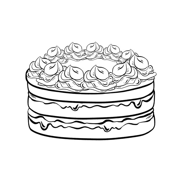 Inchiostro vettoriale disegnato a mano Torta deliziosa adornata con crema di meringue Rose di crema di burro Strati teneri