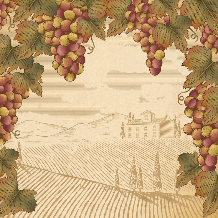 Incisione di uva e foglie, scena di cantina vintage per usi