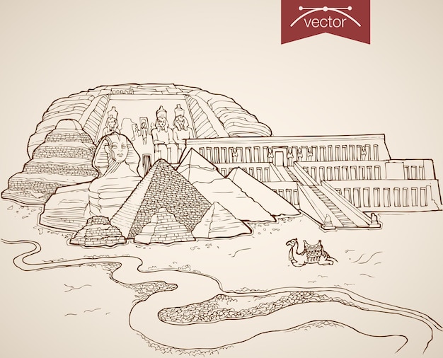 Incisione disegnata a mano d'epoca di attrazioni e monumenti in Egitto. Schizzo a matita Sfinge, piramidi, cittadella, visita del tempio di Hatshepsut