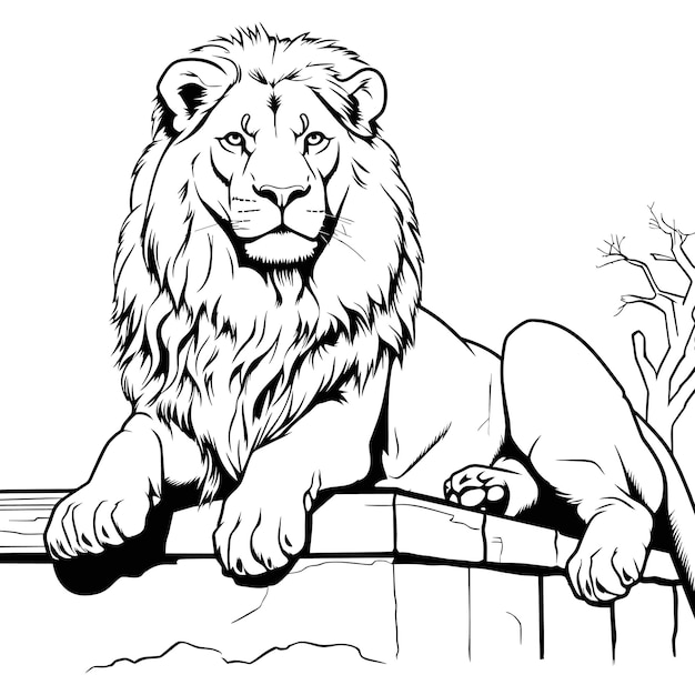 Incisione vintage isolato re leone set illustrazione inchiostro schizzo Africa gatto selvatico sfondo animale silhouette arte Immagine vettoriale disegnata a mano in bianco e nero