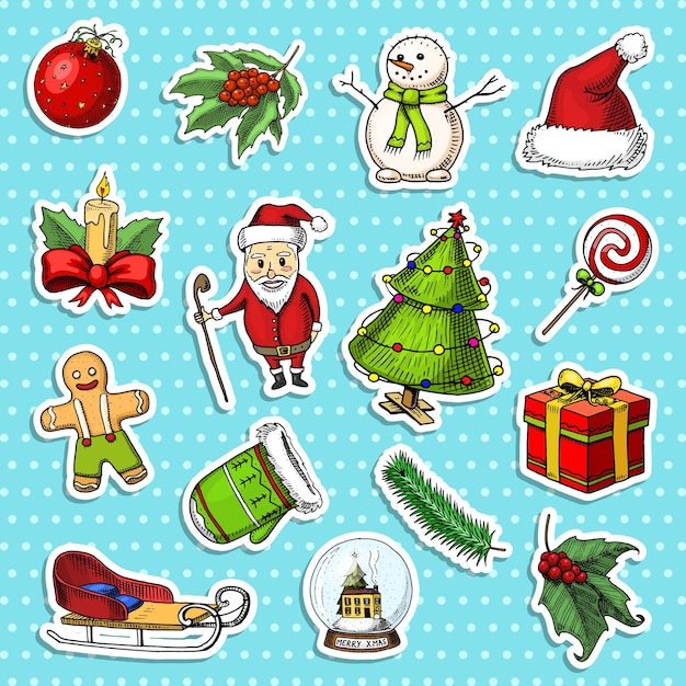 Inciso disegnato a mano nel vecchio schizzo e stile vintage per etichetta Merry Christmas o Xmas New Year Collection decorazione per le vacanze invernali fiocchi di neve e cappello da slitta e guanti albero e Babbo Natale