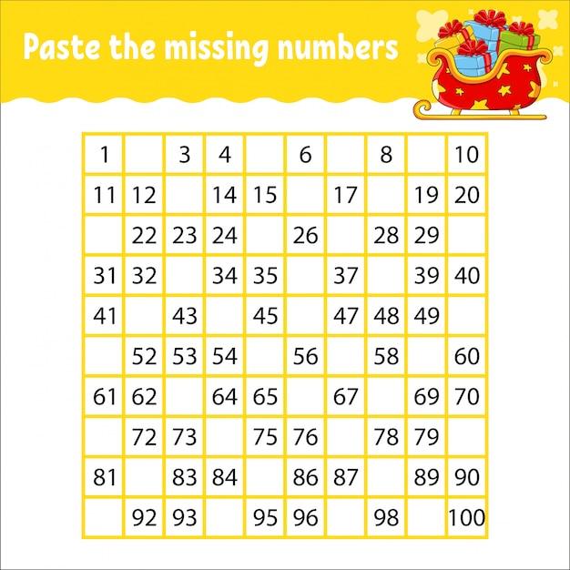 Incolla i numeri mancanti da 1 a 100. Pratica della scrittura a mano. Imparare i numeri per i bambini.