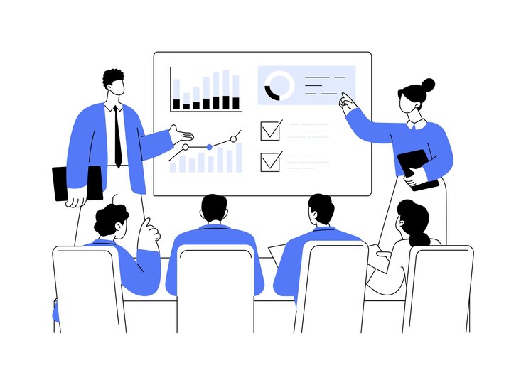 Vettore incontro con le parti interessate illustrazioni vettoriali isolate di cartoni animati gruppo di lavoratori che si riunisce con gli investitori