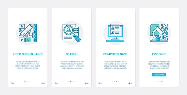 Indagine della polizia sul concetto di criminalità UX, set di schermate della pagina dell'app mobile di onboarding dell'interfaccia utente